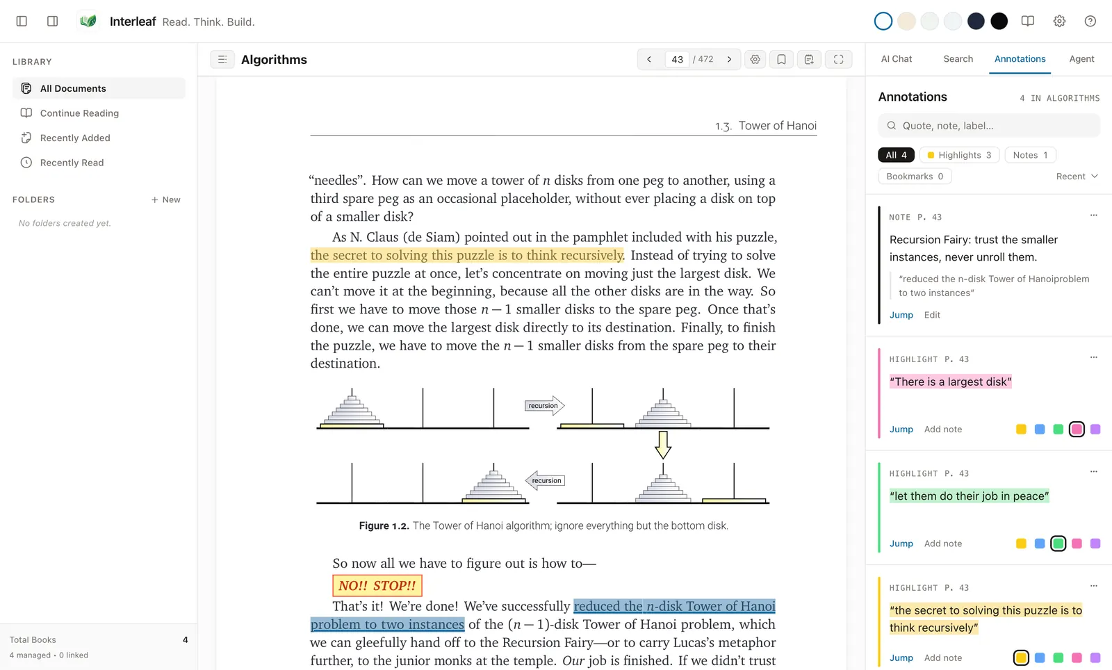 Jeff Erickson's Algorithms open at the Tower of Hanoi, with yellow, green and pink highlights and a margin note listed in the Annotations panel.